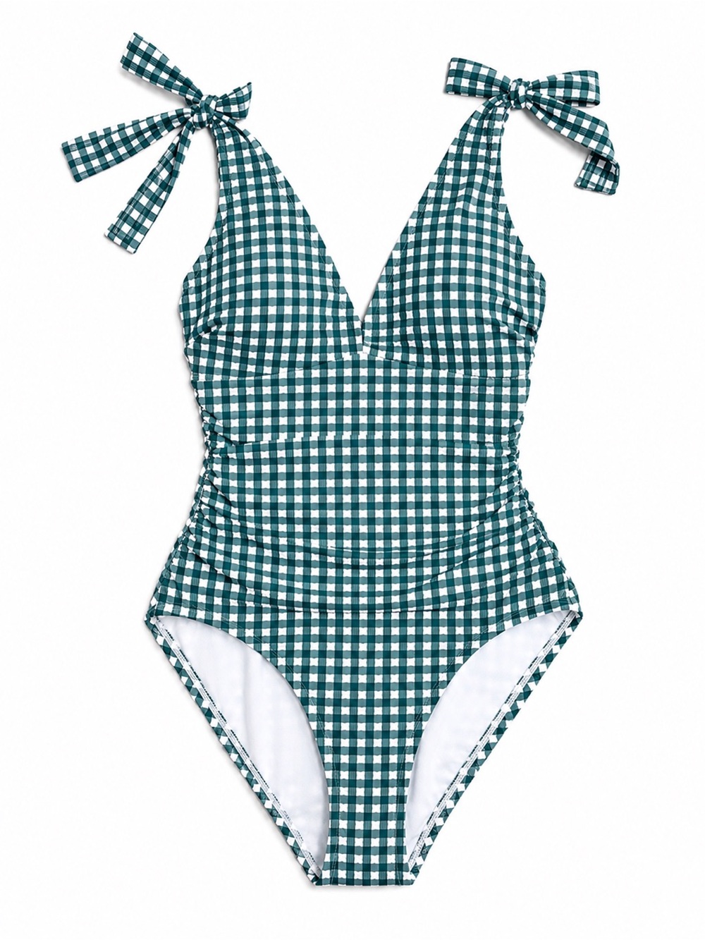 Ellen Tracy Green Gingham Tie-Shoulder One-Piece Swimsuit